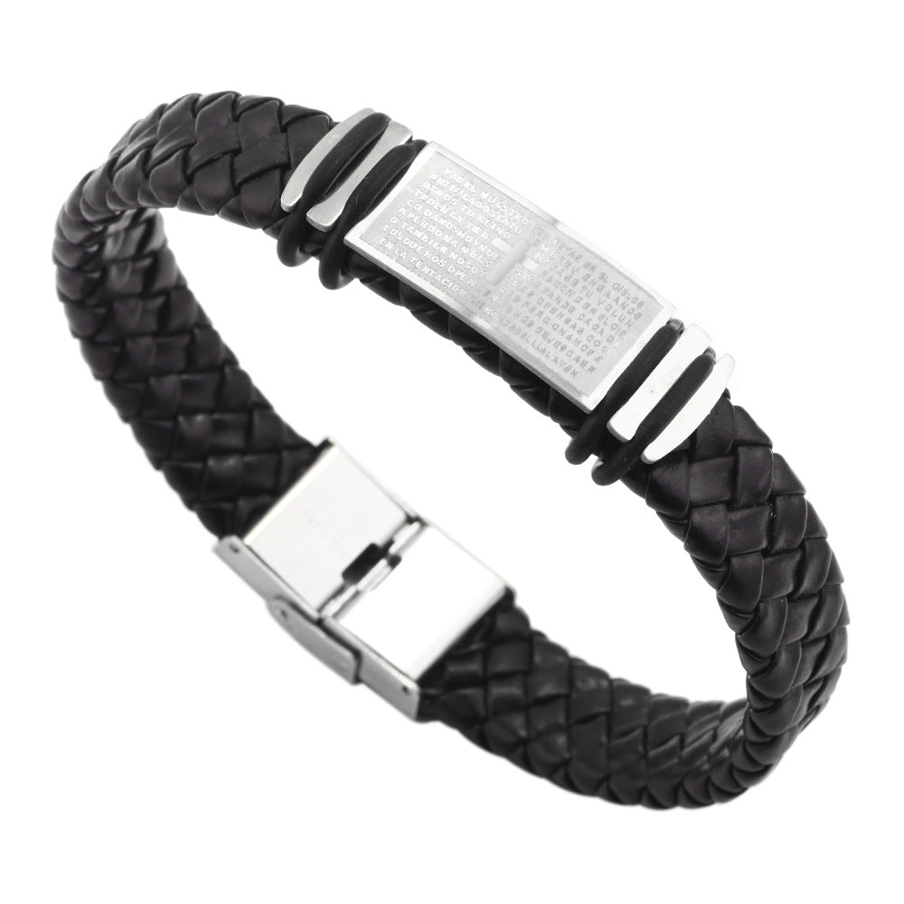 fashion men's titanium steel leather cross stainless steel bracelet