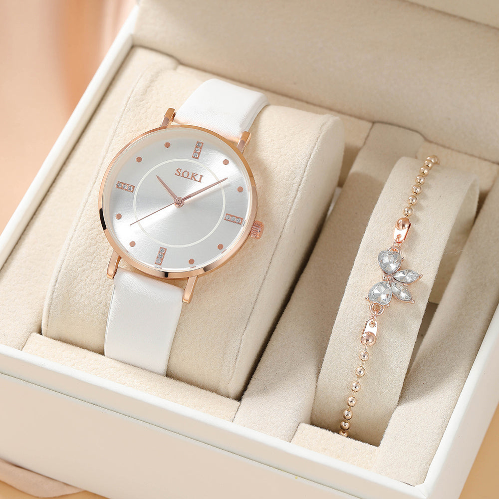 Reloj y pulsera de extensible de cuero para mujer SOKI elegante y versátil