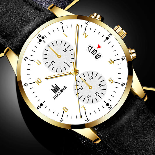 MEN'S WATCH WITH CALENDAR AND INLAID IMITATION DIAMONDS (Golden Bezel)