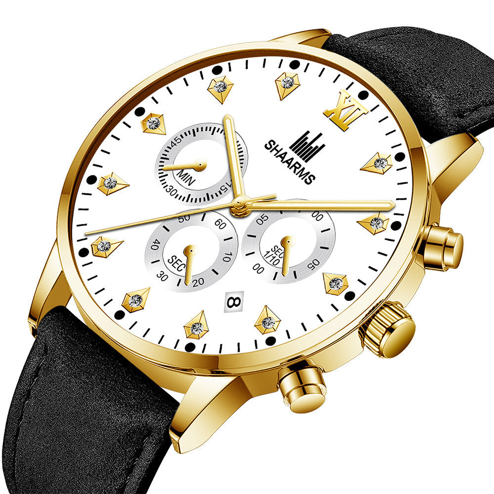 CALENDAR WATCH INLAID WITH IMITATION DIAMONDS (Golden Bezel)