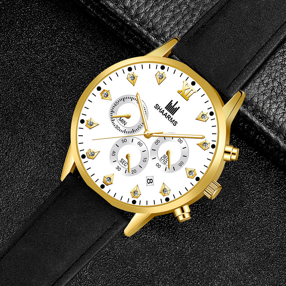 CALENDAR WATCH INLAID WITH IMITATION DIAMONDS (Golden Bezel)