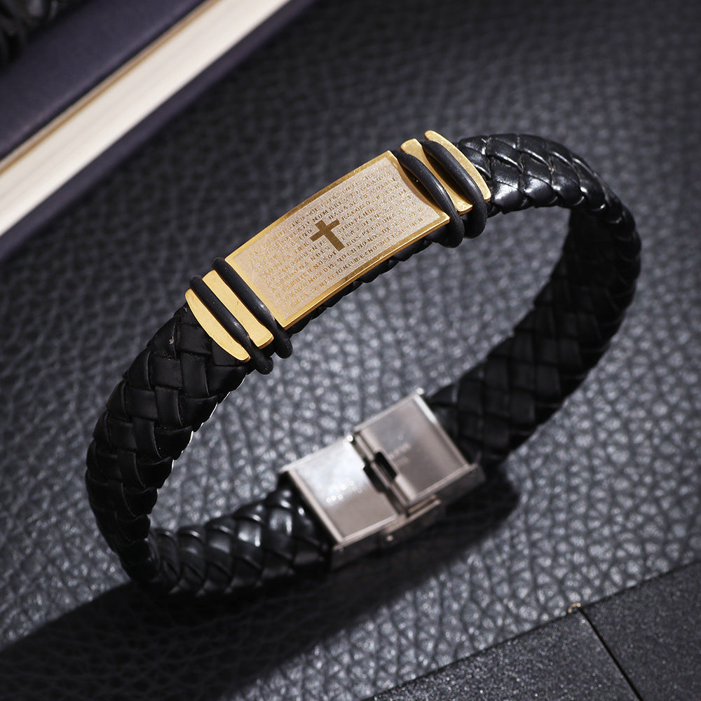 fashion men's titanium steel leather cross stainless steel bracelet