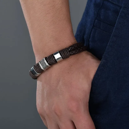 Pulsera de cuero y acero inoxidable para hombre, elegante y resistente