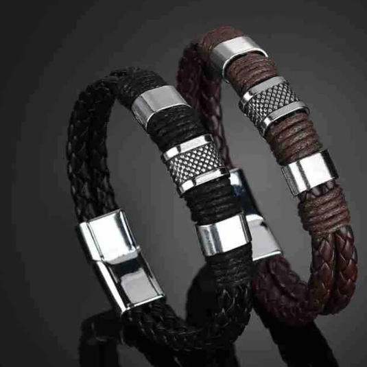 Pulsera de cuero y acero inoxidable para hombre, elegante y resistente