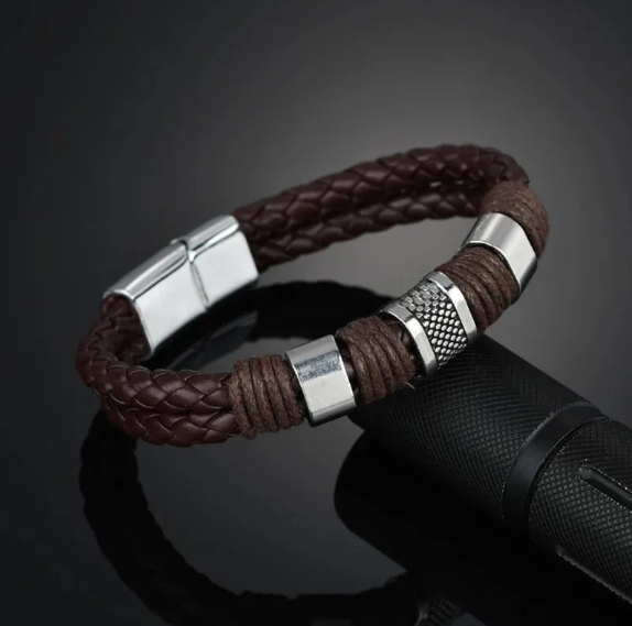 Pulsera de cuero y acero inoxidable para hombre, elegante y resistente