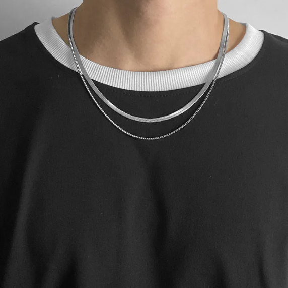 Geometric double necklace for men Steel/Titanium