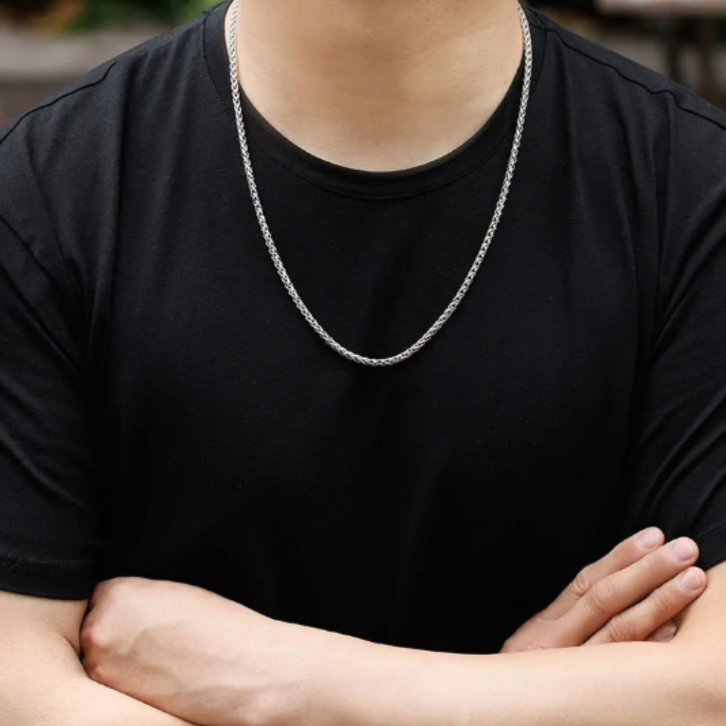 Men's thin stainless steel braided style necklace.